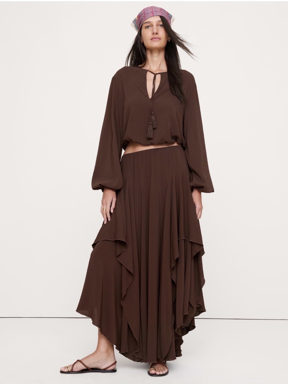 NWT Banana Republic Drapey Georgette Ruffle Maxi Reddish Brown Skirt Sz XS